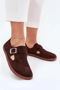 Zamszowe Półbuty Barefoot Damskie Z Klamrą Zazoo N1261 Czekoladowe