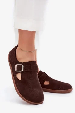 Zamszowe Półbuty Barefoot Damskie Z Klamrą Zazoo N1261 Czekoladowe