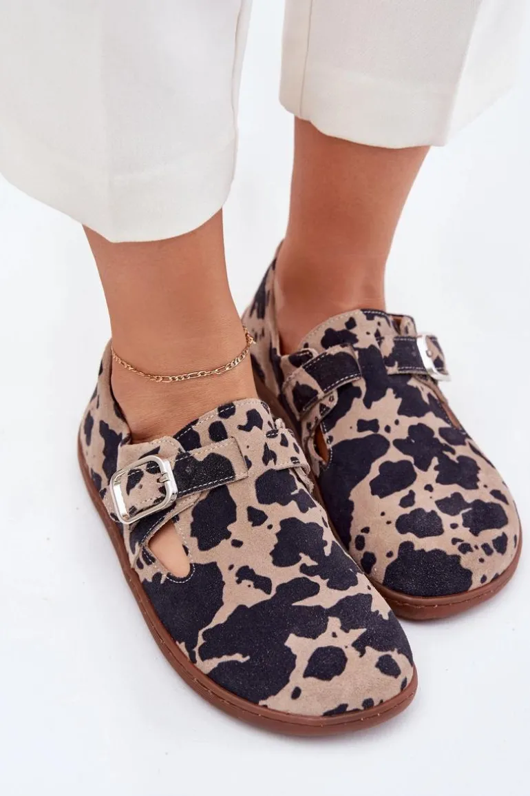 Zamszowe Półbuty Barefoot Damskie Z Klamrą Łaty Zazoo N1261 Brązowo-Beżowe