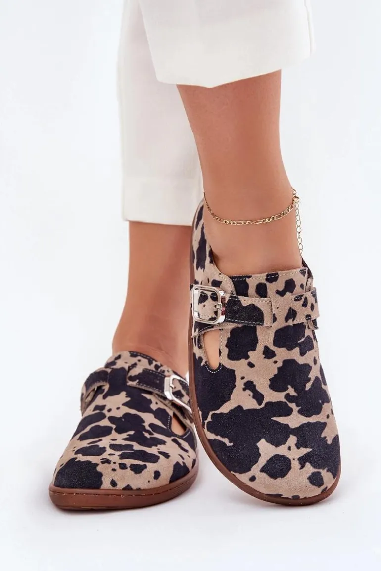 Zamszowe Półbuty Barefoot Damskie Z Klamrą Łaty Zazoo N1261 Brązowo-Beżowe