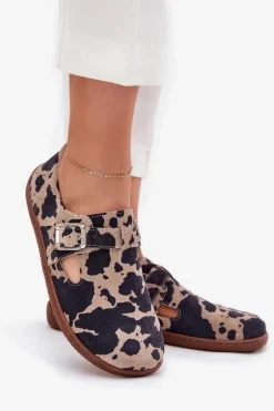 Zamszowe Półbuty Barefoot Damskie Z Klamrą Łaty Zazoo N1261 Brązowo-Beżowe