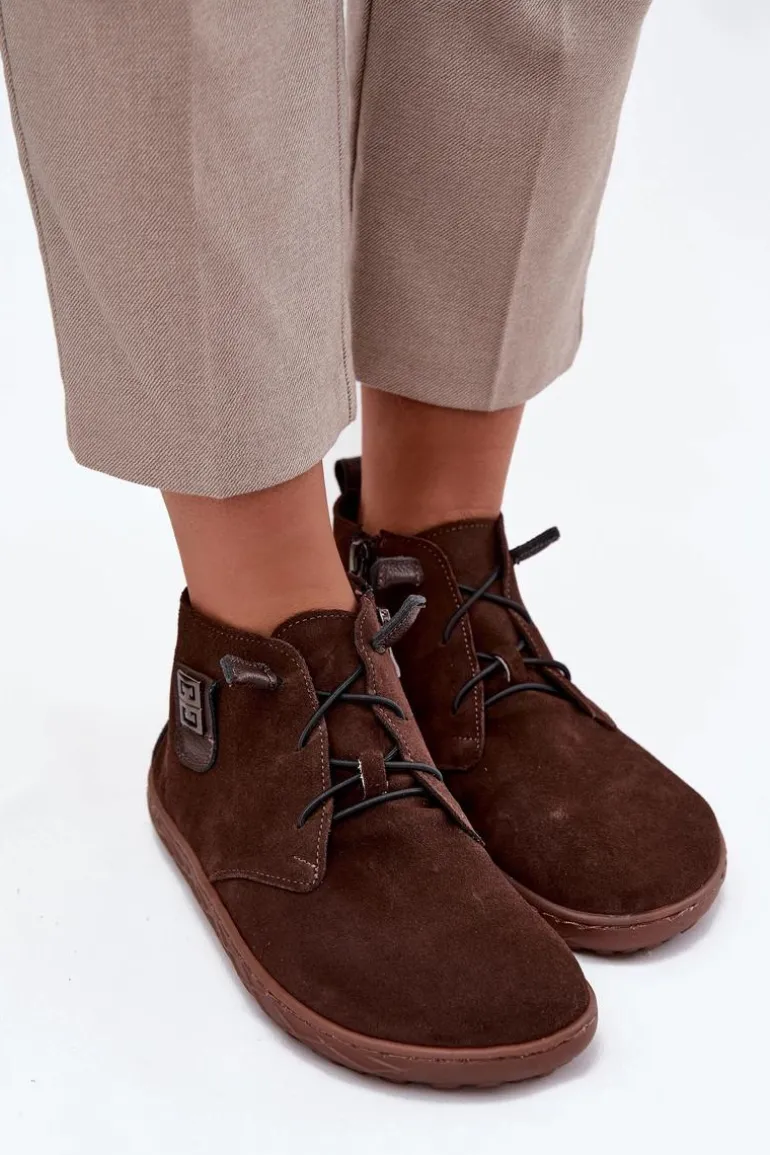 Zamszowe Półbuty Barefoot Damskie Z Ozdobnym Detalem Zazoo 30072 Czekoladowe