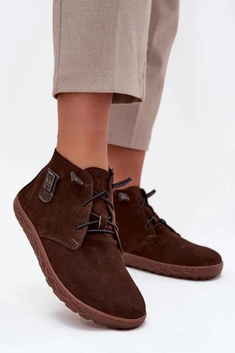 Zamszowe Półbuty Barefoot Damskie Z Ozdobnym Detalem Zazoo 30072 Czekoladowe