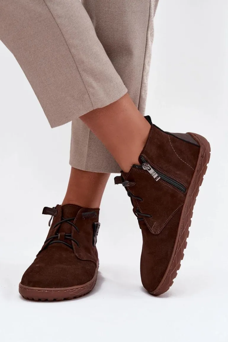 Zamszowe Półbuty Barefoot Damskie Z Ozdobnym Detalem Zazoo 30072 Czekoladowe