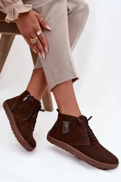 Zamszowe Półbuty Barefoot Damskie Z Ozdobnym Detalem Zazoo 30072 Czekoladowe