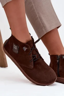 Zamszowe Półbuty Barefoot Damskie Z Ozdobnym Detalem Zazoo 30072 Czekoladowe