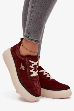 Zamszowe Półbuty Damskie Na Platformie Z Przypinką Vinceza 41495 Bordowe