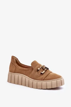 Zamszowe Półbuty Damskie Na Platformie Z Ozdobą Ciemnobeżowe Lewski 3398