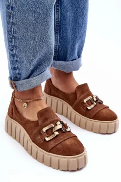 Zamszowe Półbuty Damskie Na Platformie Z Ozdobą Brązowe Lewski 3398