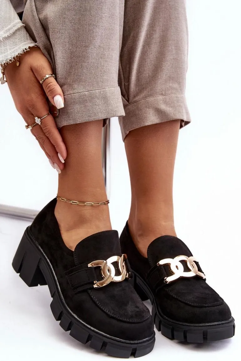 Zamszowe Półbuty Damskie Z Ozdobą Czarne Rullenes