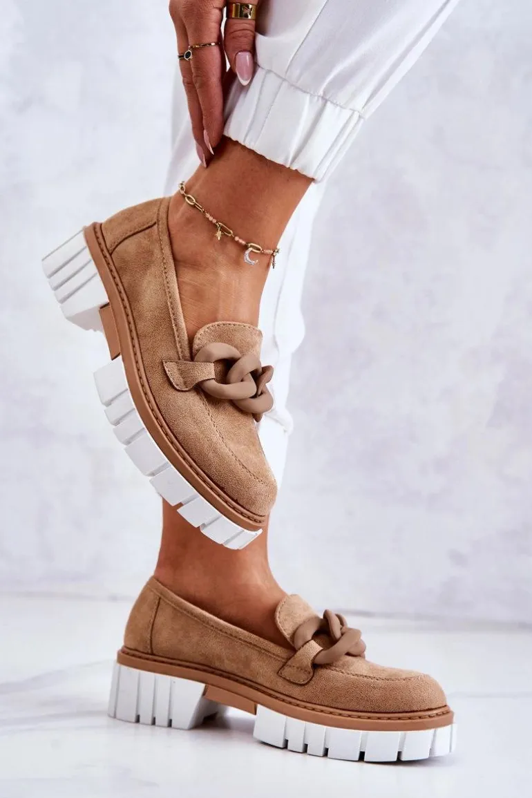 Zamszowe Półbuty Loafery Z Ozdobą Ciemnobeżowe Talisa