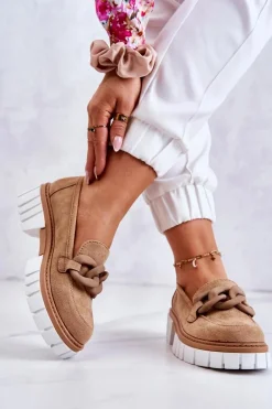 Zamszowe Półbuty Loafery Z Ozdobą Ciemnobeżowe Talisa