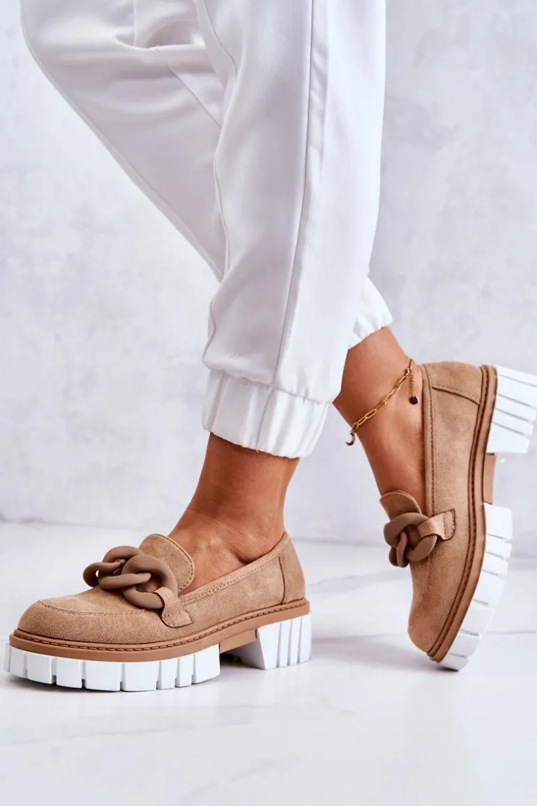 Zamszowe Półbuty Loafery Z Ozdobą Ciemnobeżowe Talisa