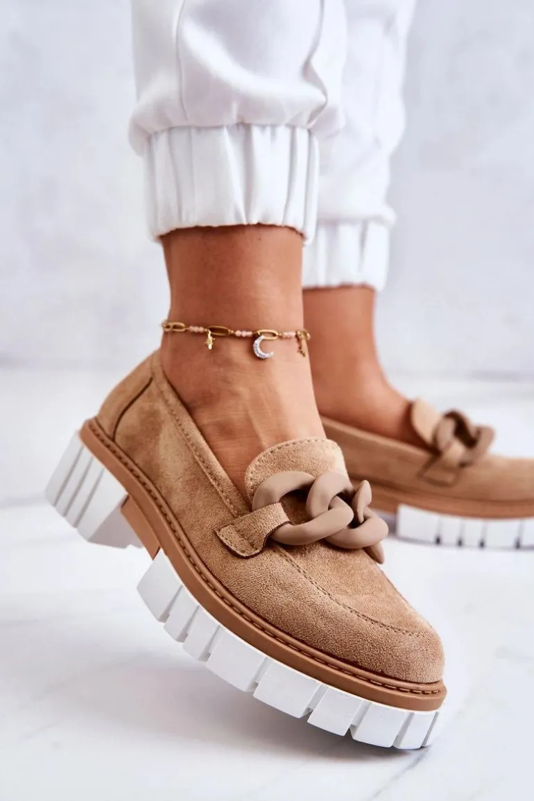 Zamszowe Półbuty Loafery Z Ozdobą Ciemnobeżowe Talisa