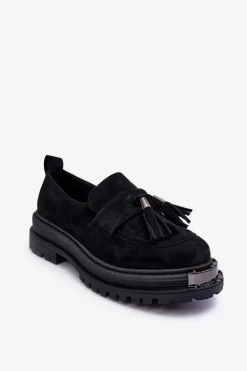 Zamszowe Półbuty Mokasyny Damskie Czarne Ramvli