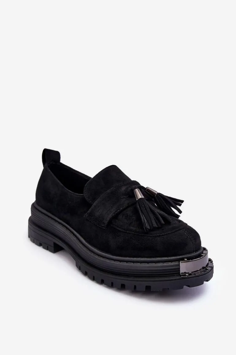 Zamszowe Półbuty Mokasyny Damskie Czarne Ramvli