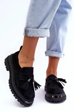 Zamszowe Półbuty Mokasyny Damskie Czarne Ramvli