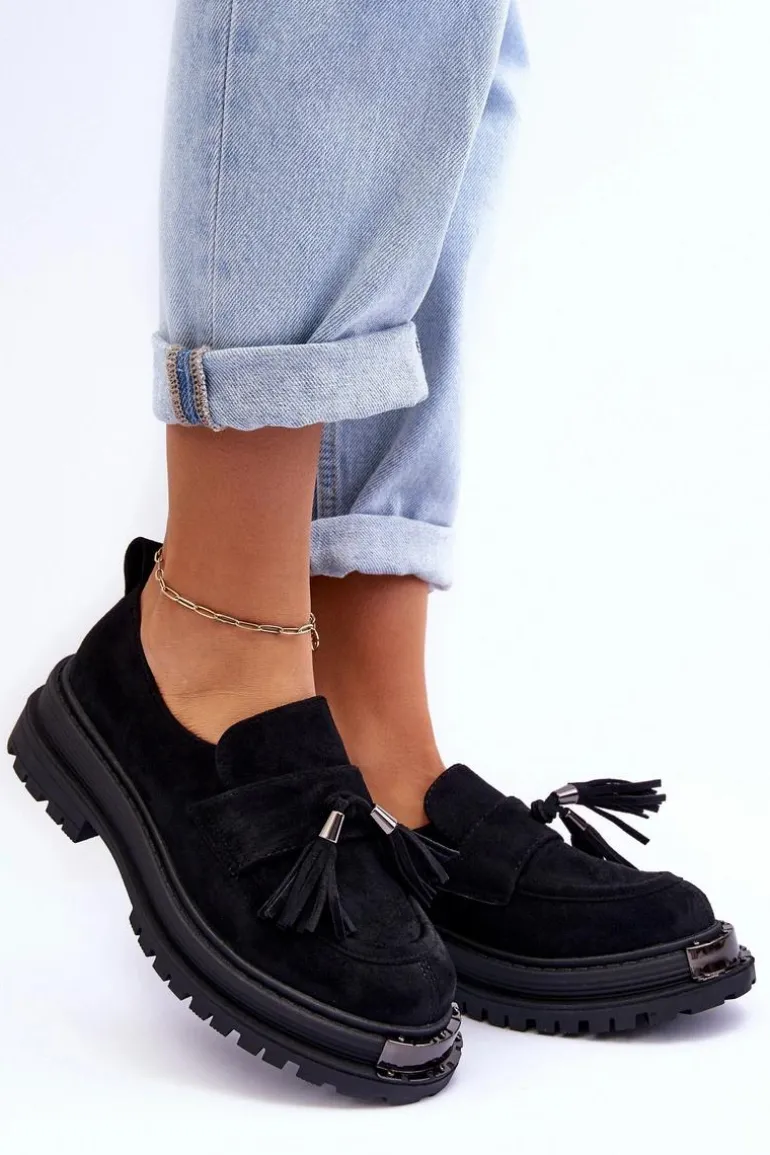Zamszowe Półbuty Mokasyny Damskie Czarne Ramvli