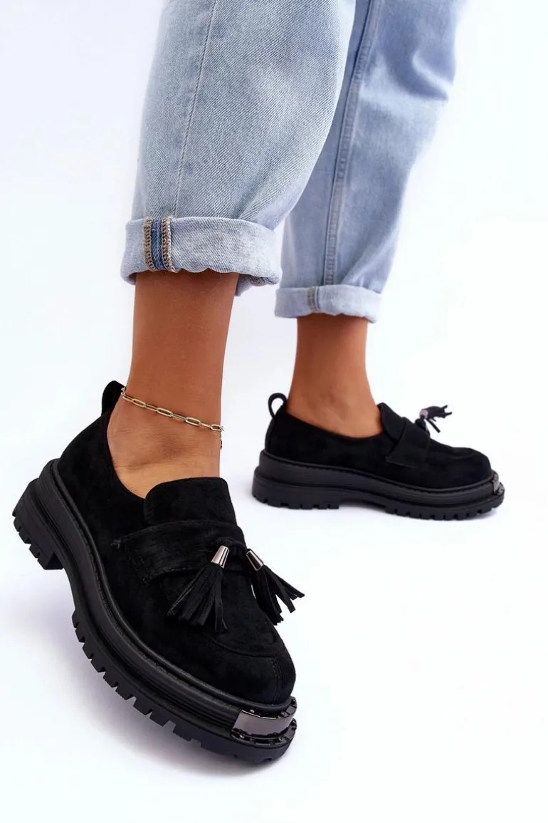 Zamszowe Półbuty Mokasyny Damskie Czarne Ramvli