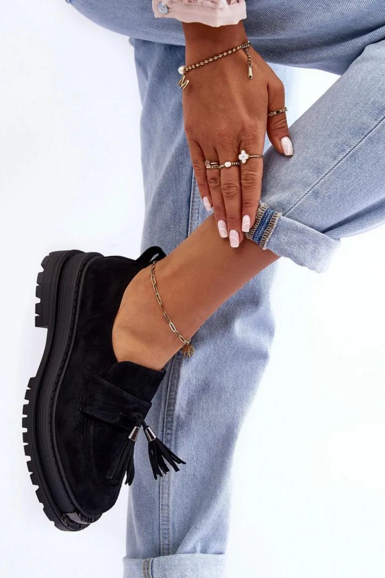 Zamszowe Półbuty Mokasyny Damskie Czarne Ramvli