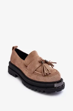 Zamszowe Półbuty Mokasyny Damskie Beżowe Ramvli