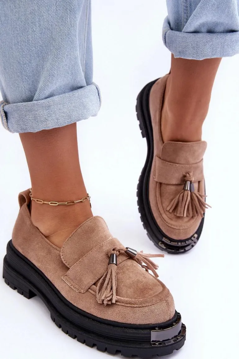 Zamszowe Półbuty Mokasyny Damskie Beżowe Ramvli