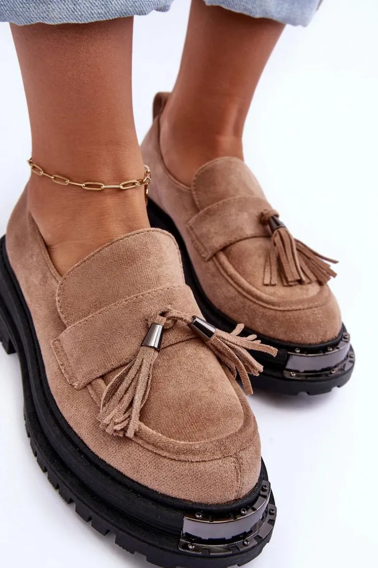 Zamszowe Półbuty Mokasyny Damskie Beżowe Ramvli