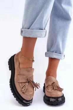 Zamszowe Półbuty Mokasyny Damskie Beżowe Ramvli