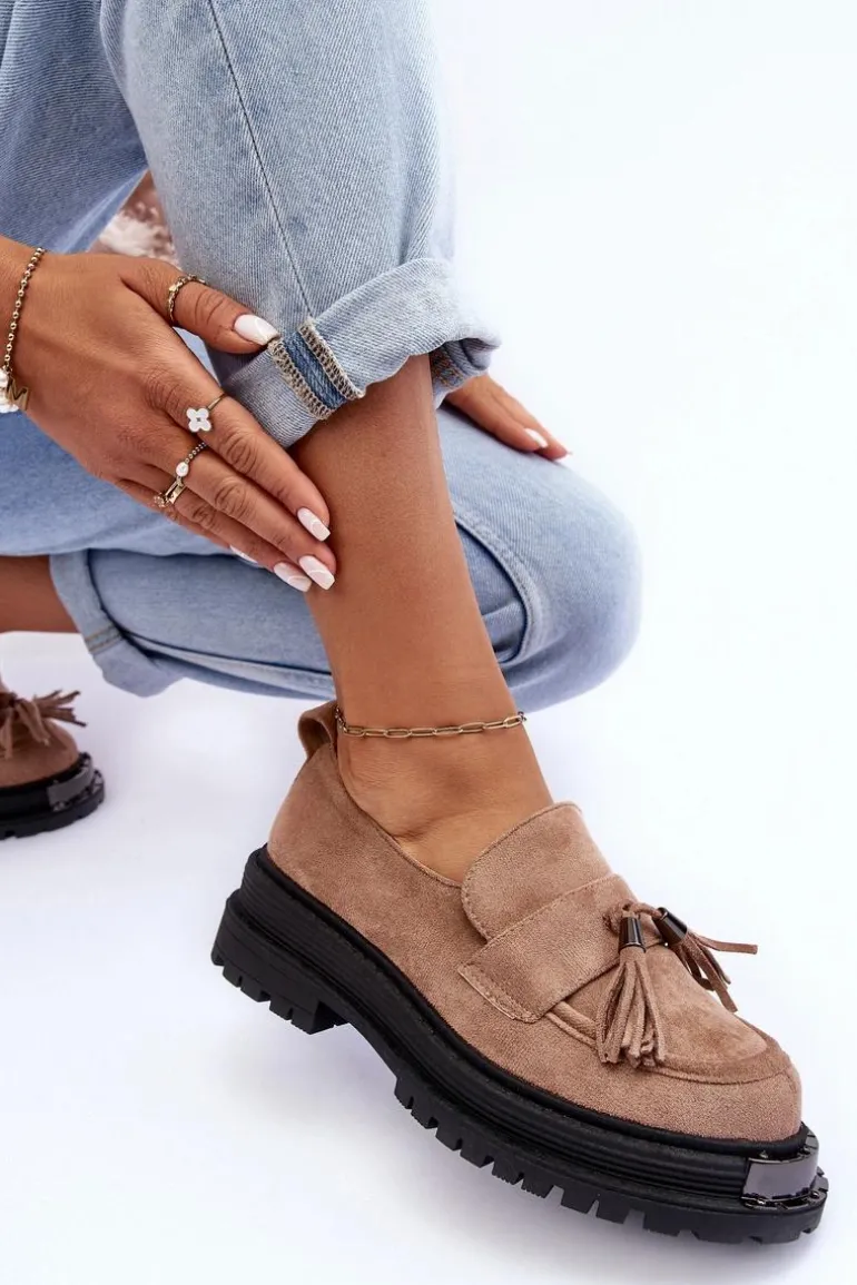 Zamszowe Półbuty Mokasyny Damskie Beżowe Ramvli