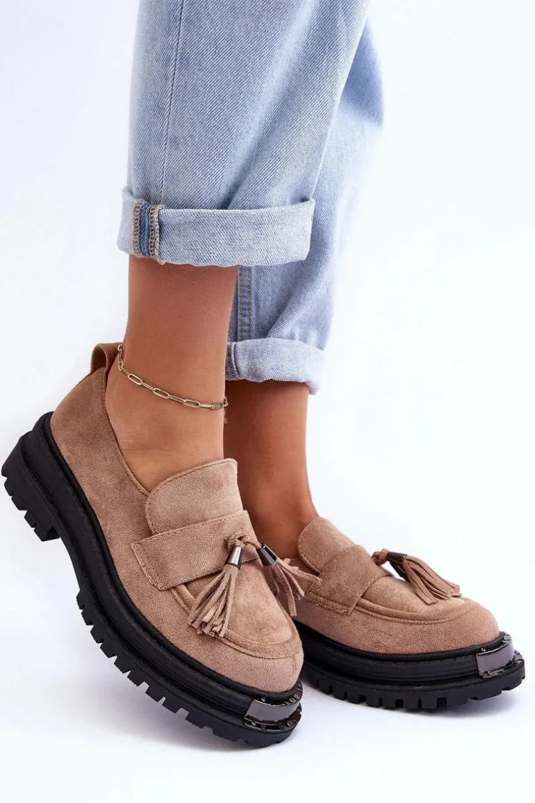 Zamszowe Półbuty Mokasyny Damskie Beżowe Ramvli