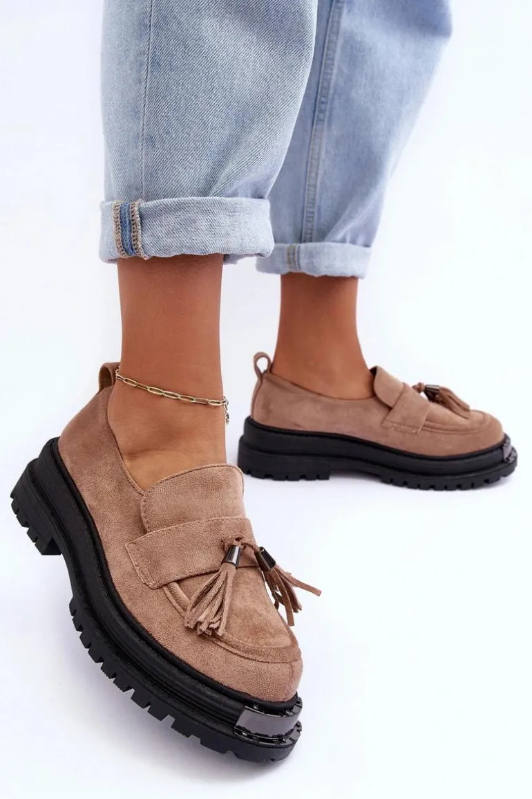 Zamszowe Półbuty Mokasyny Damskie Beżowe Ramvli