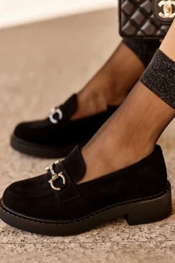 Zamszowe Półbuty Mokasyny Damskie Czarne Beanika