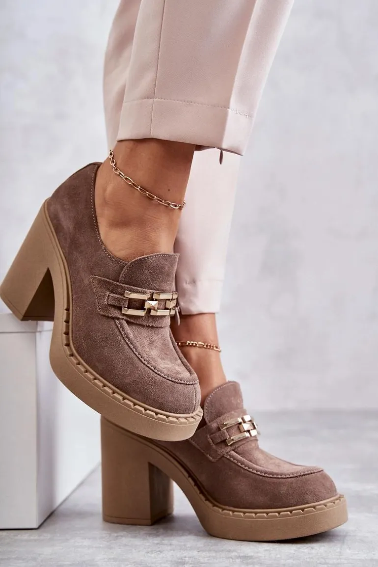 Zamszowe Półbuty Na Masywnym Słupku Beżowe Lemar Jaime