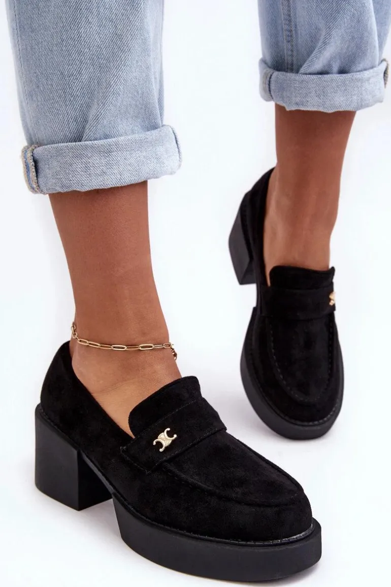 Zamszowe Półbuty Na Obcasie Damskie Czarne Afnira