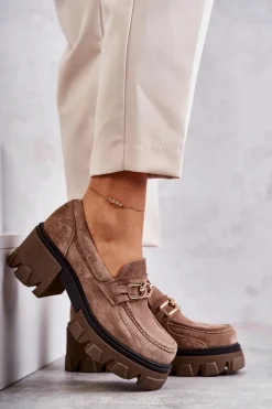 Zamszowe Półbuty Na Obcasie Ze Złotą Ozdobą Brązowe Lemar Lurdes