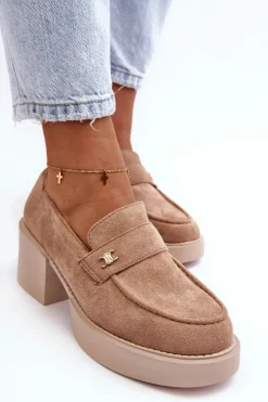 Zamszowe Półbuty Na Obcasie Damskie Beżowe Afnira