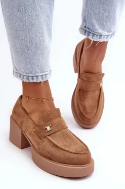 Zamszowe Półbuty Na Obcasie Damskie Ciemnobeżowe Afnira