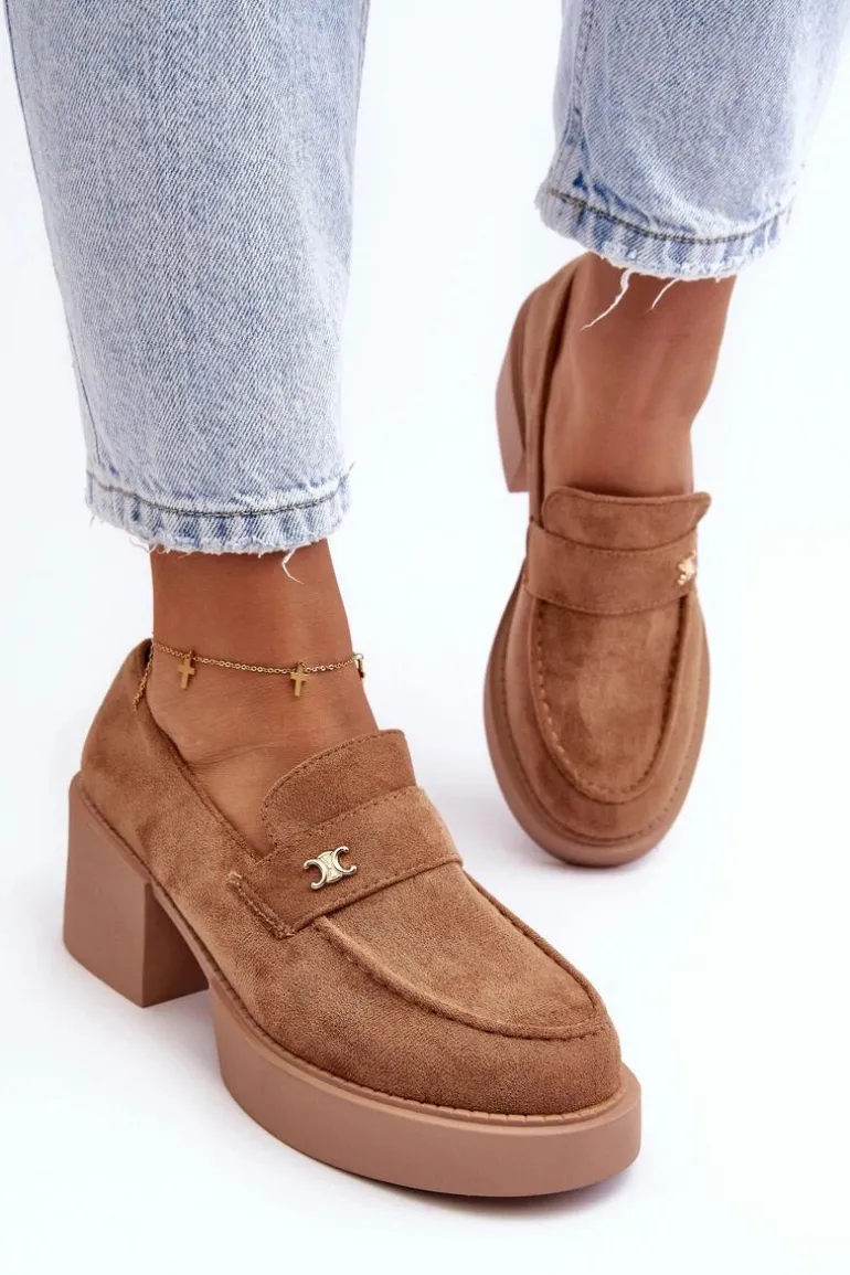 Zamszowe Półbuty Na Obcasie Damskie Ciemnobeżowe Afnira