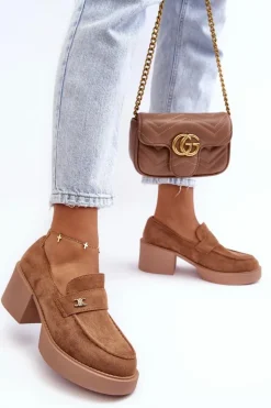 Zamszowe Półbuty Na Obcasie Damskie Ciemnobeżowe Afnira