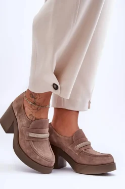 Zamszowe Półbuty Na Słupku Z Ozdobą Beżowe Lemar Gelanor