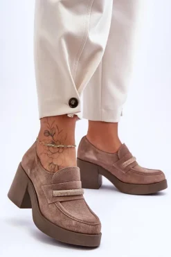 Zamszowe Półbuty Na Słupku Z Ozdobą Beżowe Lemar Gelanor