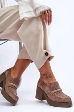 Zamszowe Półbuty Na Słupku Z Ozdobą Beżowe Lemar Gelanor