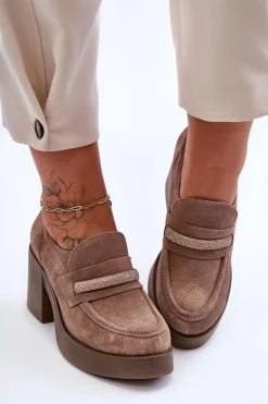 Zamszowe Półbuty Na Słupku Z Ozdobą Beżowe Lemar Gelanor