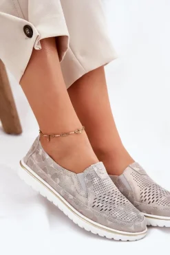 Zamszowe Półbuty Wsuwane Beżowo-Złote Inez