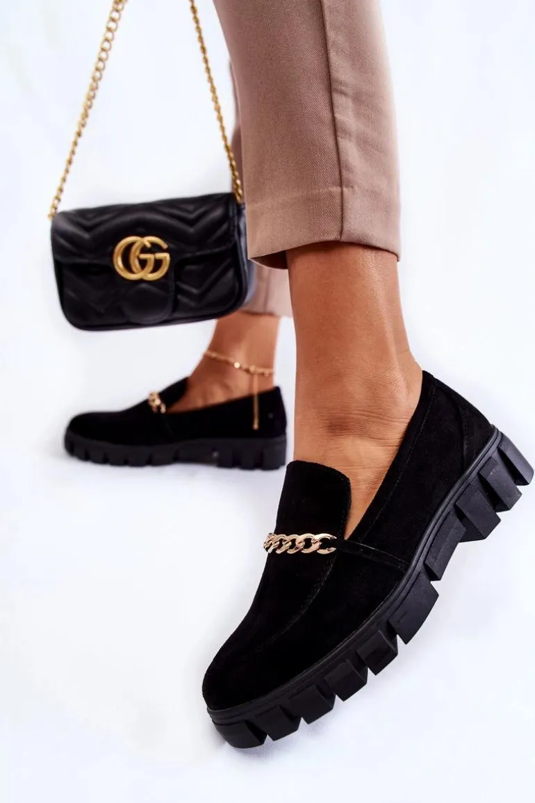 Zamszowe Półbuty Z Łańcuszkiem Czarne Anne