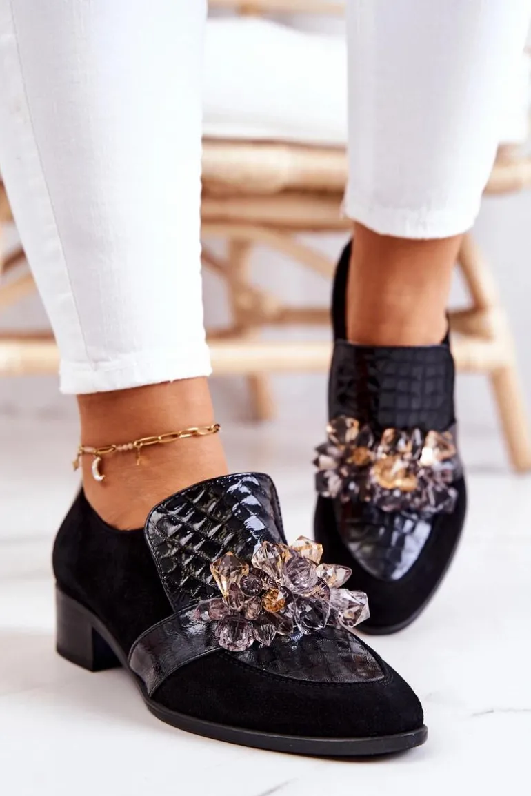 Zamszowe Półbuty Z Ozdobą Czarne Davine