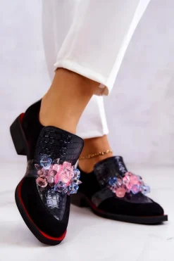 Zamszowe Półbuty Z Ozdobą Czarno-Czerwone Davine