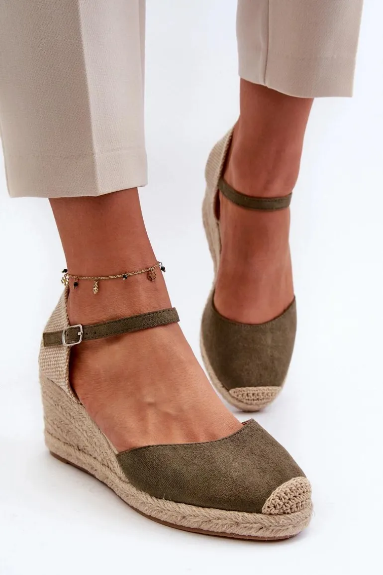 Zamszowe Sandałki Espadryle Na Koturnie Zielone Cammer