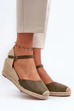 Zamszowe Sandałki Espadryle Na Koturnie Zielone Cammer