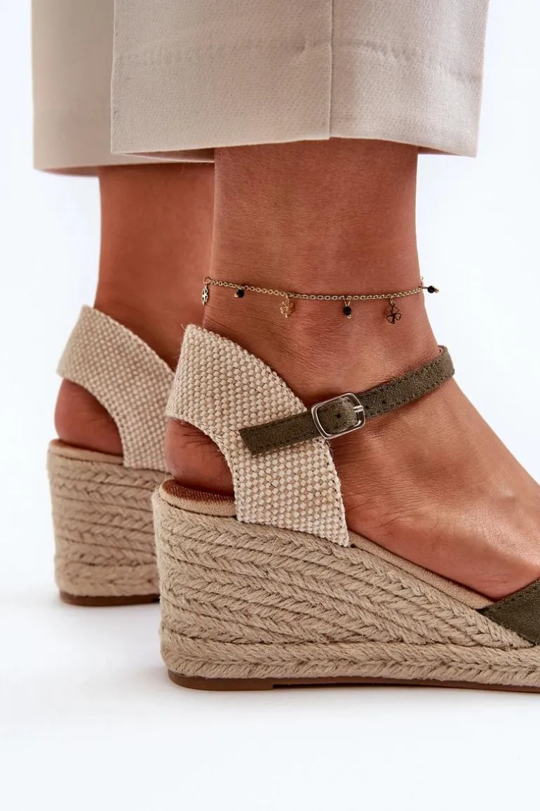 Zamszowe Sandałki Espadryle Na Koturnie Zielone Cammer